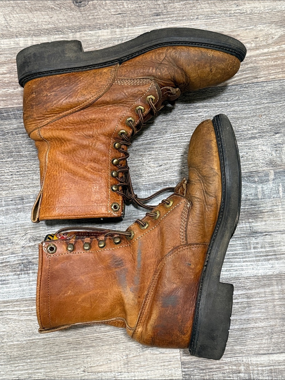 Vintage Justin Original Brown Leather Lace Up Work Boots Men's 8 D